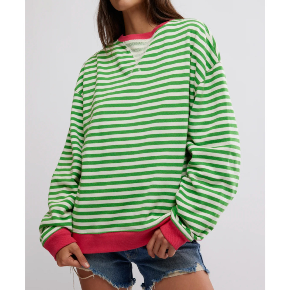 FREE PEOPLE PINK CLOVER COMBO CLASSIC STRIPED OVERSIZED CREWNECK SWEATSHIRT SZ L